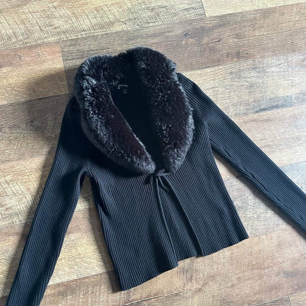Women's Art Class Black Ribbed Cardigan with Faux Fur Collar XL